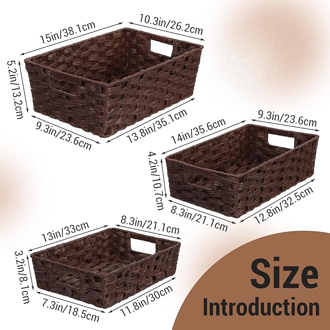 Set of 3 Large Wicker Storage Baskets for Shelves, Wicker Basket for Organizing, Waterproof Woven Baskets for Shelves and Pantry, Toilet, Bathroom, Bedroom, Patio(Brown)