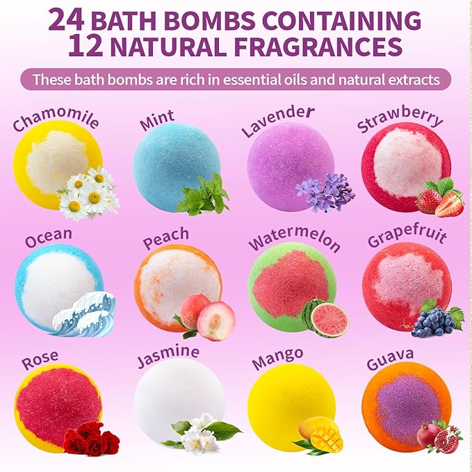Bath Bombs Birthday Gifts for Women & Men, 24-Pack Easter Basket Stuffers for Teens, Aromatherapy Bubble Bath, Handmade Natural & Organic, Spa Relaxing Gifts for Wife Girlfriend Coworkers