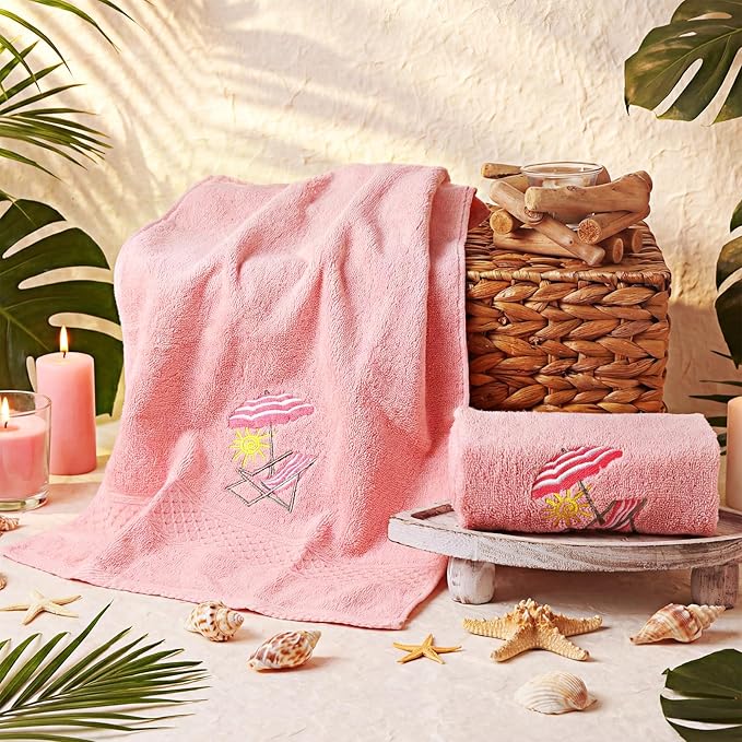 2 Pcs Beach Chair Hand Towels Pink Bathroom Decor 14x29 Inch Embroidered 100% Cotton Soft Absorbent Spring Summer Decorative Hand Towels for Bathroom Kitchen