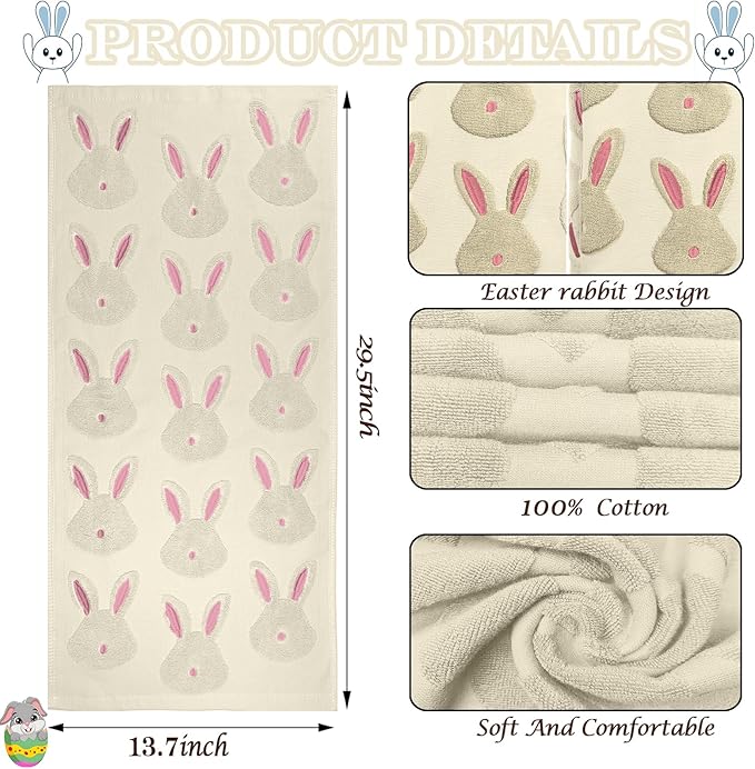 2pcs Easter Bunny Hand Towels Set 100% Cotton Soft Absorbent Spring Bathroom Hand Towels 14x29 Inch Cute Jacquard Easter Kitchen Decor Towels Holiday Kitchen Bathroom Decor Gift(Beige)