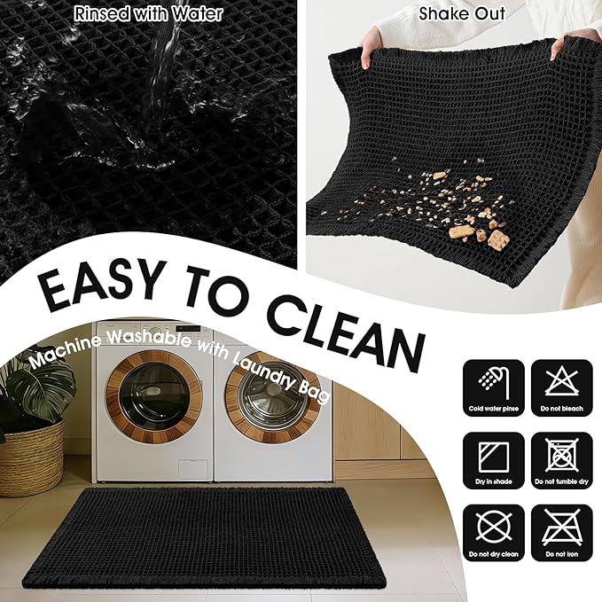 Accumtek Extra Large Waffle Bath Mat, 5'x2' Black, Super Absorbent Non-Slip Quick Dry Bathroom Rugs with Tassels, Machine Washable Ultra Soft Boho Bath Rugs for Floor, Toilet Mats Boho Farmhouse Decor