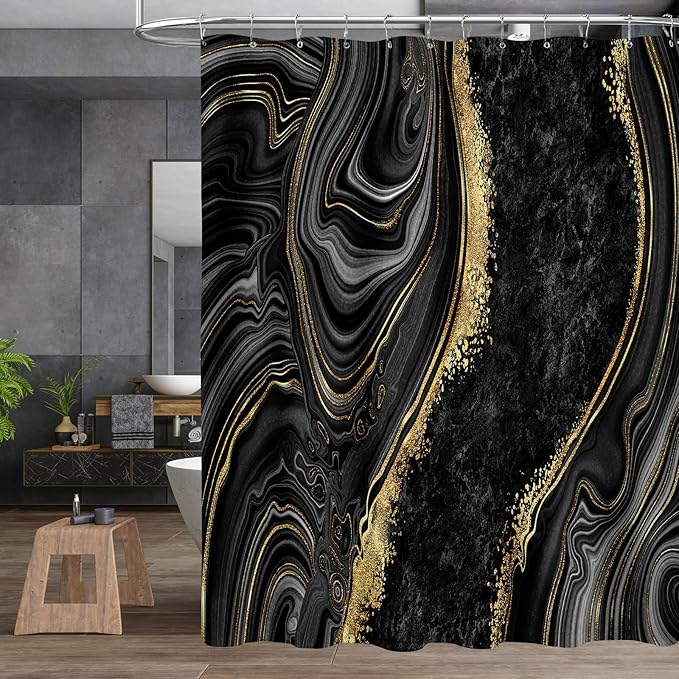 4PCS Black Gold Marble Shower Curtain Sets with Rugs, Abstract Bathroom Sets with Shower Curtain and Rugs, Bathroom Curtains Shower Set with Toilet Lid Cover for Bathroom Decor
