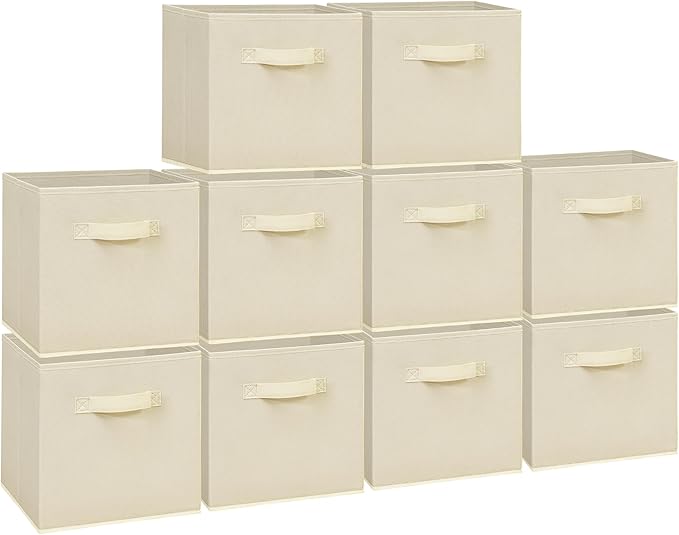 Easi 11 inch Cube Storage Bins, 10 Storage Cube Organizer, Collapsible Fabric storage cubes with Handles, Closet Storage Basket For Organization, Shelf Basket For Shelves Clothes Books, Beige