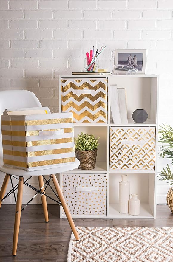DII Non Woven Polyester Storage Bin, Polka Dot, White & Gold, Small Set of 4