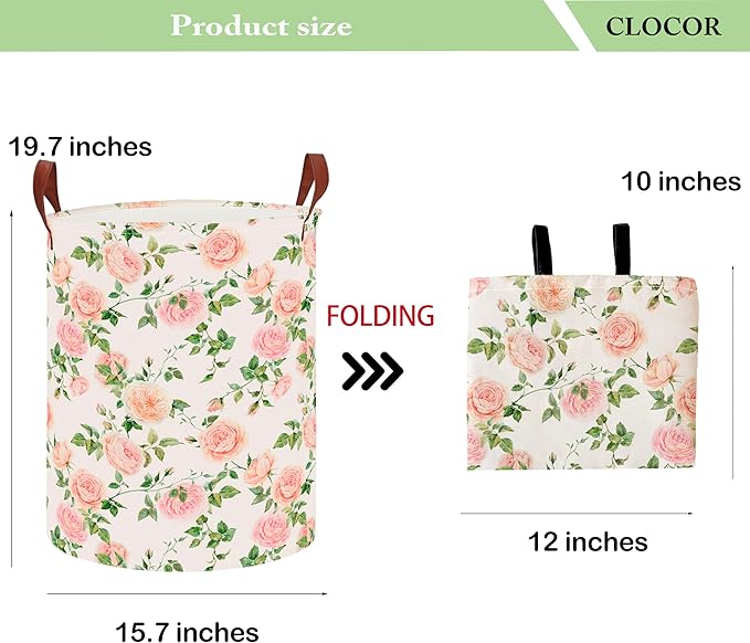 CLOCOR Round Collapsible Flat Storage Basket,Space-Saving Fabric Laundry Hamper for Clothes,Nursery Hamper,Gift Basket(Watercolor Rose)