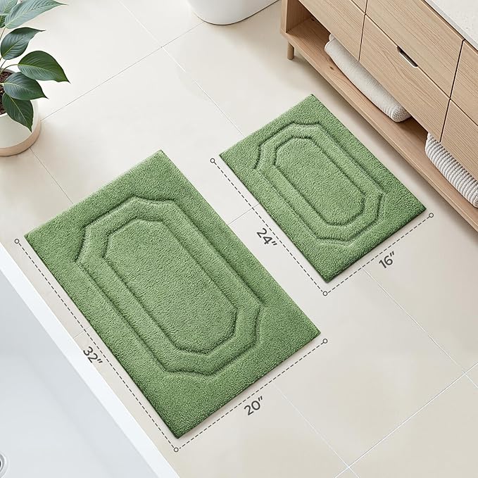 HOMEIDEAS Bathroom Rugs Sets 2 Piece, Extra Soft and Absorbent Microfiber Plush Bath Mat with Non Slip Backing(Sage Green)