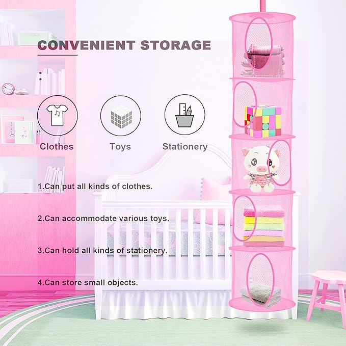 coastal rose 2Pcs Stuffed Animal Storage Foldable Stuffed Animal Net or Hammock Organizer, 5 Compartments Hanging Mesh Toy Storage Hammock for Kid Room Toys, Gloves, Hats, Socks（Pink）