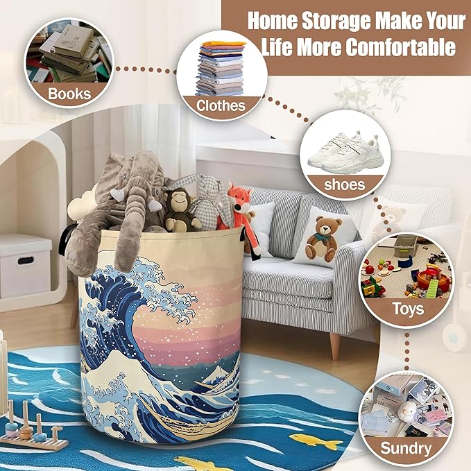 Japanese Ocean Waves Laundry Basket,Waterproof Foldable Laundry Hamper,Dirty Clothes Basket, Linen Bin Storage Organizer Collection 16" x 20.8"