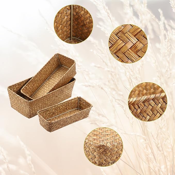 3 Natural Wicker Basket Set Rectangular Handwoven Seagrass Basket Storage Bins Home Organizer Bins - Household Basket Box for Shelf Wardrobe Desktop Home Decor (Caramel)