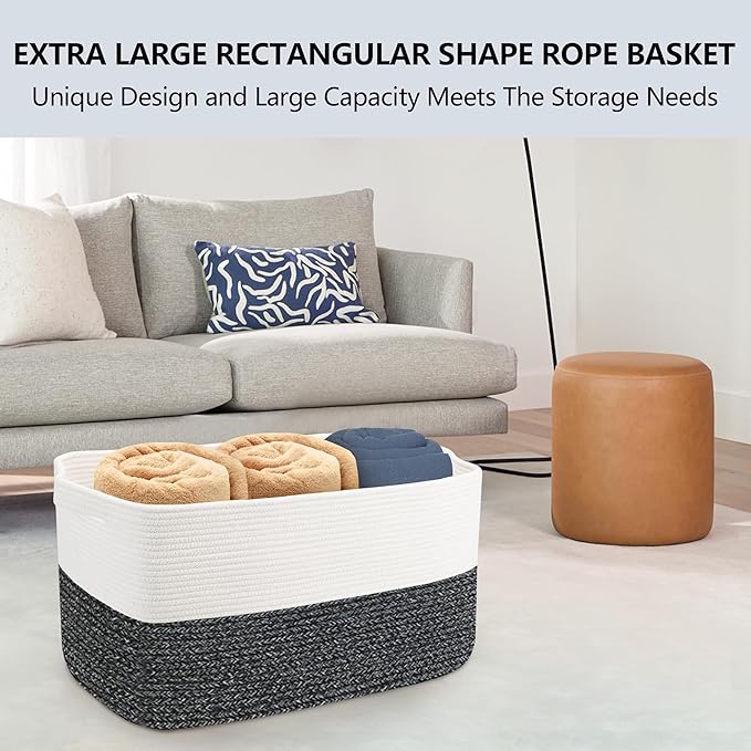 Extra Large Toy Box, 22" x 17" x 12" Rectangle Blanket Basket Living Room, Woven Cotton Rope Baskets for Storage, Soft Toy Storage Organizer Bin Chest, Kids Toy Box fo Living Room
