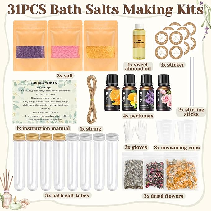 Bath Salts Making Kit- 31PCS DIY Bath Salts Making Kit, Make Your Own Sea Bath Salt, Relaxation Gifts for Women, Lavender, Rose, Body Care Spa Set, Organic Salt Scrubs Gifts for Women & Men