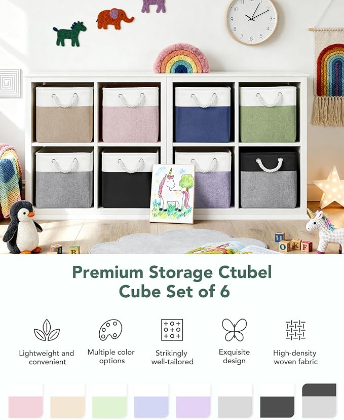 12x12 Storage Cube Bins, 6 Pack Reinforced Bottom Cardboard Foldable Box, Organizer for Closet Shelves, Heavy Home Storage Baskets (White Black)