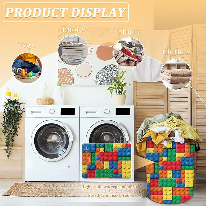 Colorful Building Blocks Laundry Basket, Bricks Laundry Hamper, Oxford Waterproof Foldable Clothes Storage Bin, Toy Organizer Basket for Bathroom/Household/College Dorms 15.7"x19.6"