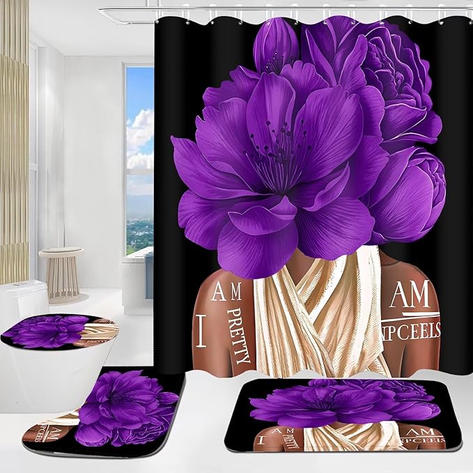 4 Pcs Purple Girl Shower Curtain Sets African American Woman Rose Floral Quotes Non-Slip Rugs Bath Mat Toilet Cover U Shaped Mat Shower Curtain with 12 Hooks Bathroom Set