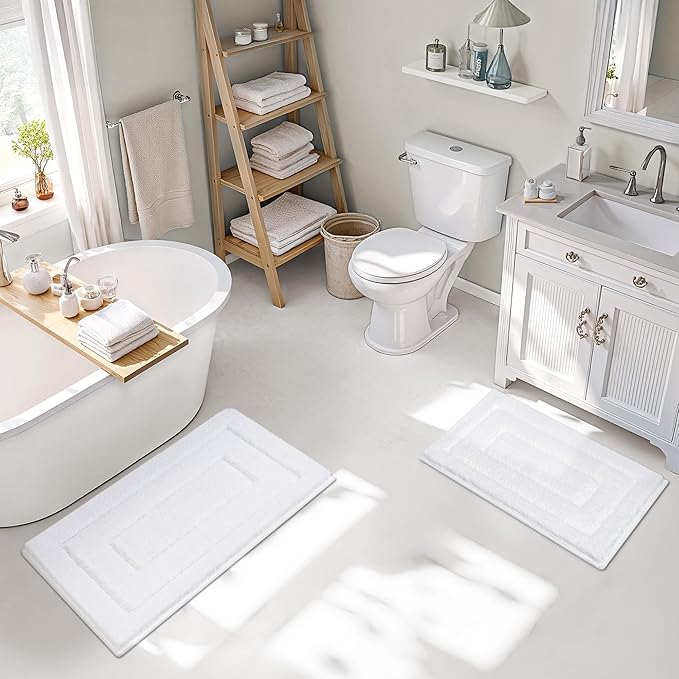 GRANNY SAYS Bathroom Rugs Sets 2 Piece,Soft Bath Mats for Bathroom, Bath Rugs Non Slip Washable, Absorbent Bath Rug for Tub,Shower and Toilet, Bath Mat Set (White, 20" x 32" + 16" x 24")