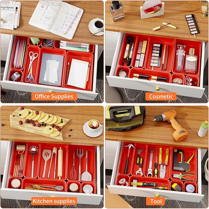 45 Pack Desk Drawer Organizer Tray, 3 Sizes Plastic Drawers Organizer Storage for Kitchen, Bathroom, Office, Vanity, Makeup, Utensils, Junk Drawer Organizer Bins, Gadget Trays for Organizing, Red