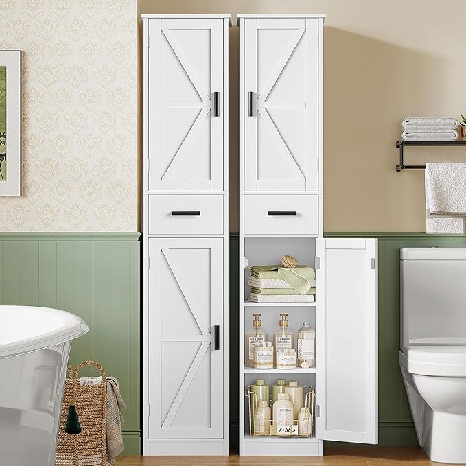WEENFON 67 Tall Bathroom Cabinet with 6 Shelves & 1 Drawer, Narrow Storage Cabinet with Adjustable Shelves, Silm Cabinet for Living Room, Kitchen, White