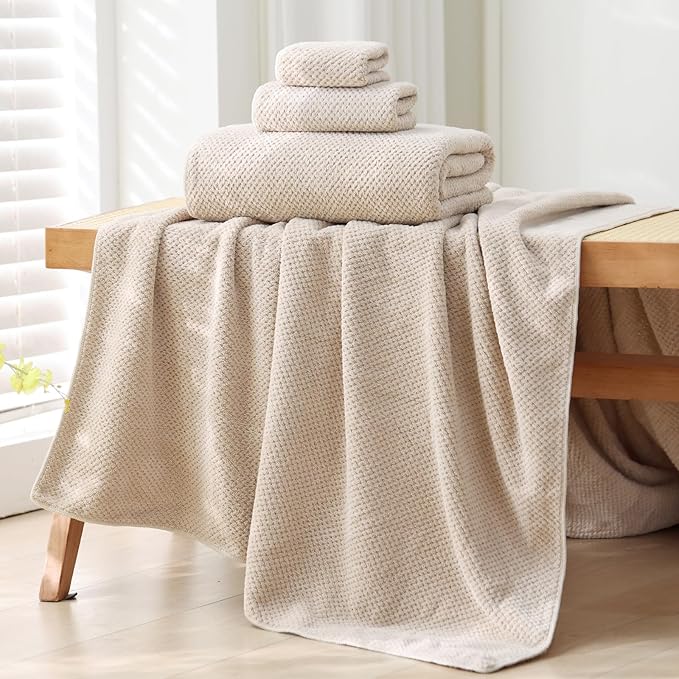 30x60 Inches Extra Large Bath Towels Set Super Soft Absorbent Luxury Microfiber Towels for Bathroom (Beige,3PCS)