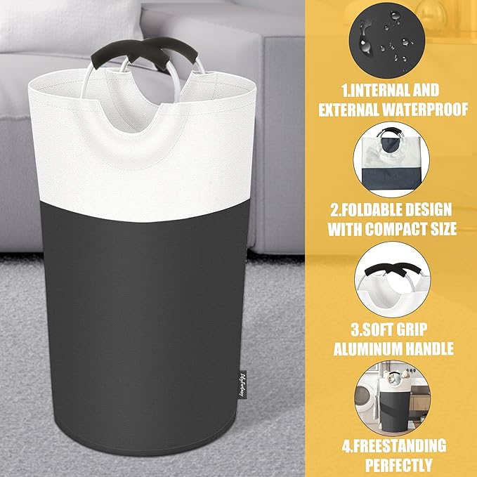 90L Laundry Basket, Collapsible Laundry Hamper with Padded Handles, Waterproof Laundry Bag, Tall Clothes Hamper Stand Up Well, Foldable Laundry Baskets for Easy Storage(Grey)
