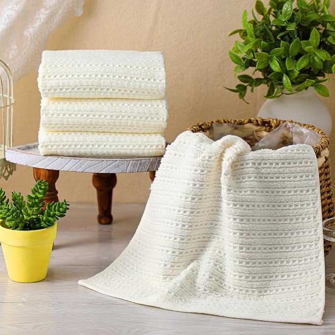 4 Pack Cream Hand Towels Waffle Striped Pattern 100% Cotton Soft Hand Towels for Bathroom 13 x 29 Inch Absorbent Waffle Washcloths for Bathroom Kitchen