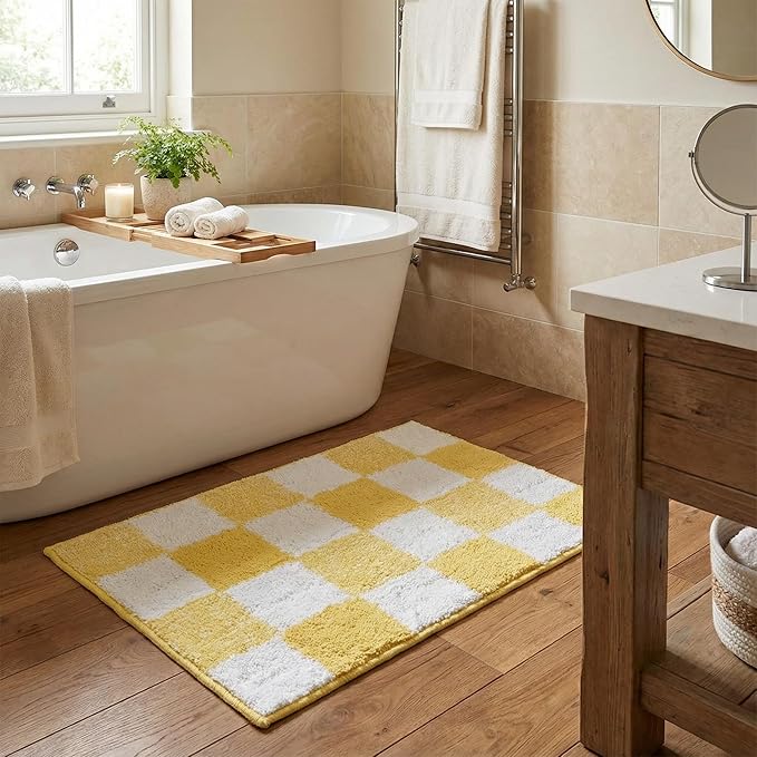 GRANNY SAYS Checkered Yellow Bathroom Rugs, 24" x 16", Non-Slip Bath Mats for Bathroom, Plush Shag Absorbent Microfiber Ultra Soft Bath Mat, Cute Washable Rug for Tub, Shower, Bedroom