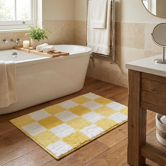 GRANNY SAYS Checkered Yellow Bathroom Rugs, 24" x 16", Non-Slip Bath Mats for Bathroom, Plush Shag Absorbent Microfiber Ultra Soft Bath Mat, Cute Washable Rug for Tub, Shower, Bedroom