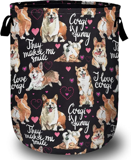 Cute Corgi Dog Laundry Basket with Sturdy Handles, Dog Lover Collapsible Oxford Cloth Laundry Hamper Organizer Basket for Bathroom Bedroom 15.7x20 Inch