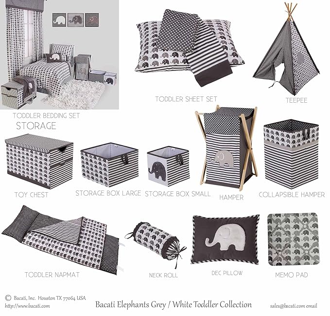 Bacati - Large Storage Tote Elephants White/Grey 14 x 14 x 10 inches
