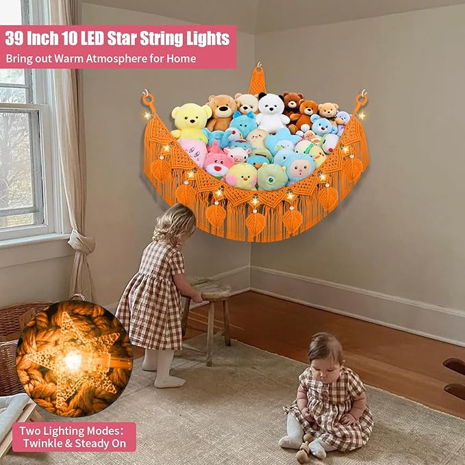 Stuffed Animal Storage Hammock Corner w/LED Star Light, 56'' Large Boho Tassel Leaf Cotton Net Holder for Teddy Plushie, Golden Yellow Nursery Hanging Organizers Toy Hammock Net for Girls Boys Gift