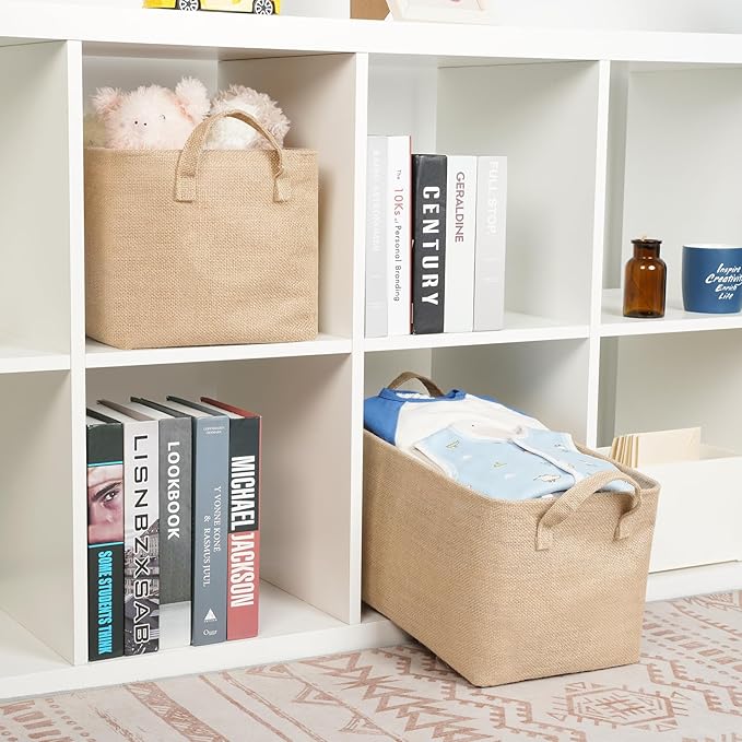 Bidtakay Rectangular Storage Basket,Collapsible Storage Bin with Hardboard,15" L x 10" W x 9" H Waterproof Coating Burlap Storage Box with Handles for Home Organization,Shelf Basket (Flax)