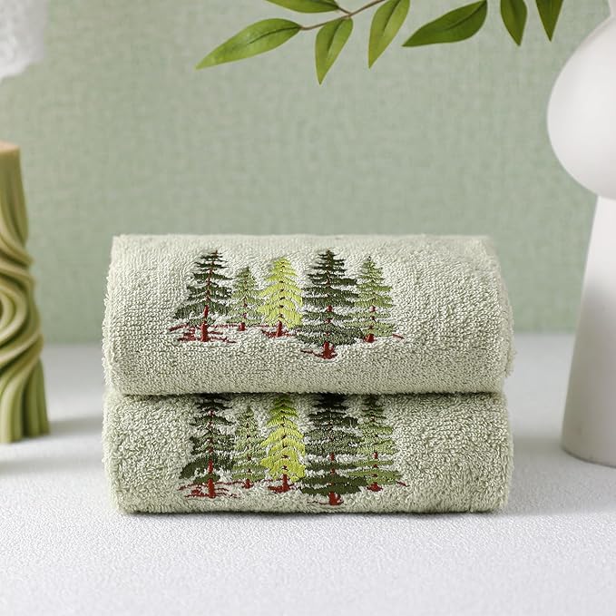 2 Pcs Forest Hand Towels Gray Green Bathroom Decor 14x29 Inch Embroidered 100% Cotton Soft Absorbent Nature Scene Decorative Hand Towels for Bathroom Kitchen