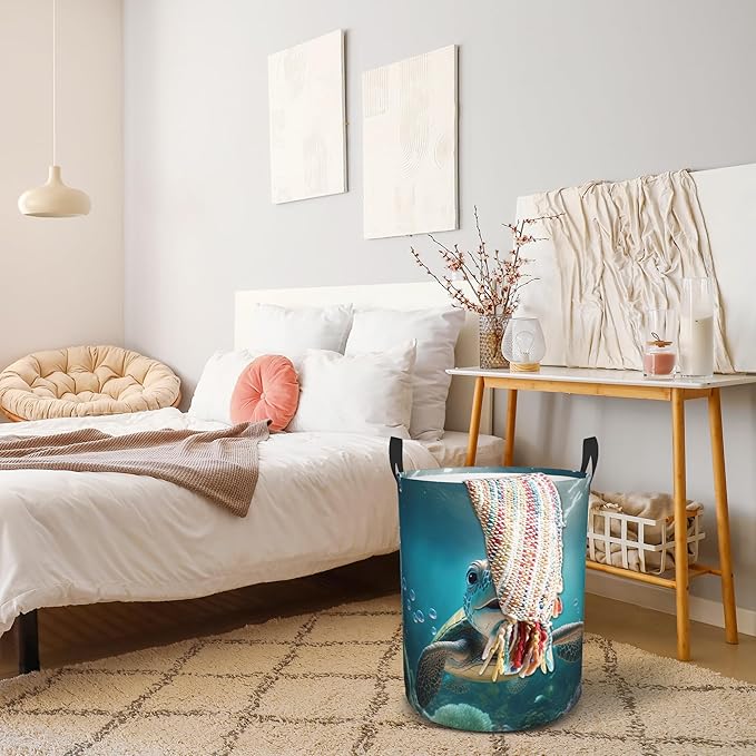 Laundry Basket, Dirty Clothes Basket, Foldable Waterproof Oxford Cloth Storage Basket for Bedroom, Bathroom, Clothes,Large Storage Basket Home Decoration(Sea Turtle)