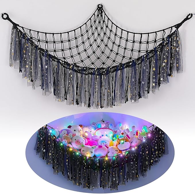 FIOBEE Stuffed Animals Net or Hammock with LED Light, Toy Hammock Hanging Stuffed Animals Storage Organizer Holder Room Décor for Nursery Kids Bedroom