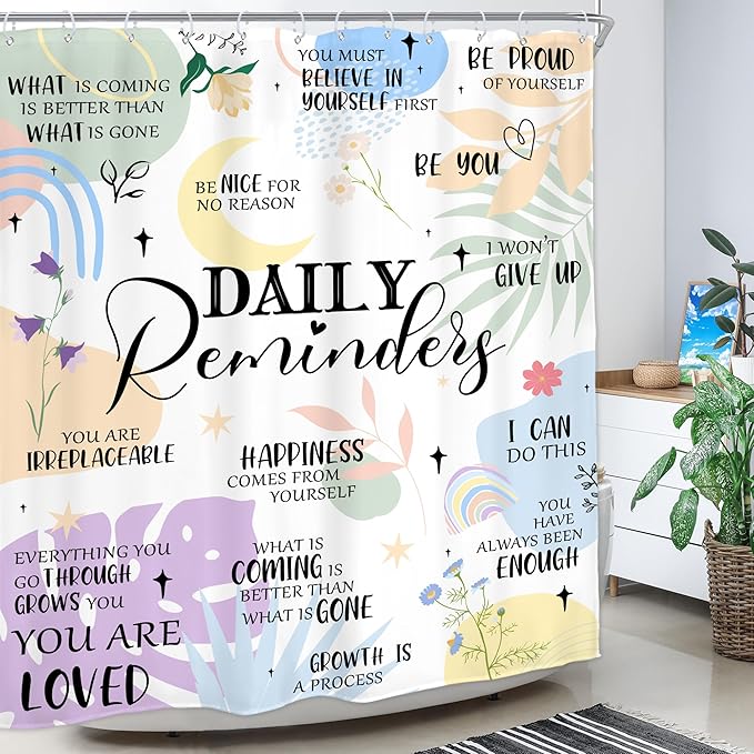 Homewelle Inspirational Quotes Shower Curtain Girly Abstract Boho Motivational Words Rainbow Moon Palm Leaves Wildflower Colorful 60Wx72H Inch Aesthetic Waterproof Polyester Fabric Bathroom Bathtub