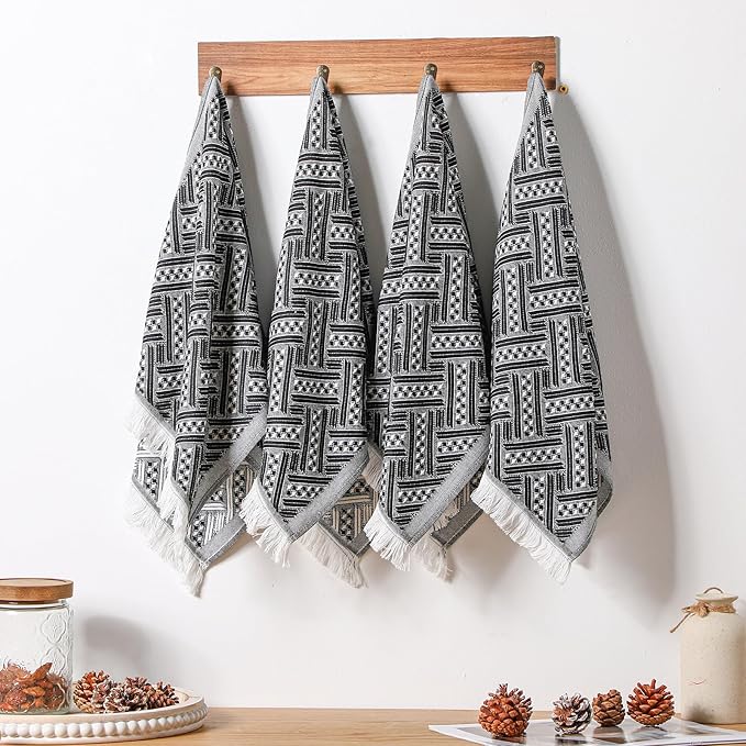 4 Pack Boho Bathroom Hand Towel 14 x 30 Inch 100% Turkish Cotton Decorative Boho Kitchen Hand Towel Farmhouse Bathroom Decor Set Absorbent Soft Guest Tea Gift(Black,White)