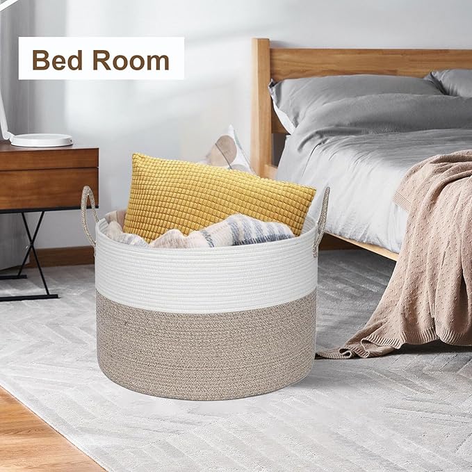 21" x 18" Extra Large storage baskets,Decorative blanket basket with lid for Living room,rope baskets with lid,wicker hamper for bedroom,Big,Round,White & Brown 115L