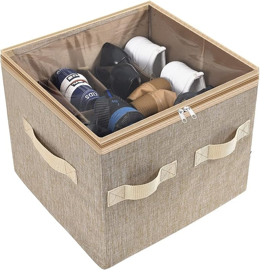 Moteph Shoe Organizer for Closet - Shoe Storage Organizer for Closet Organization with Clear Cover & Adjustable Dividers, Shoe Rack & Basket - (Light Brown, Small - 12 Pairs)