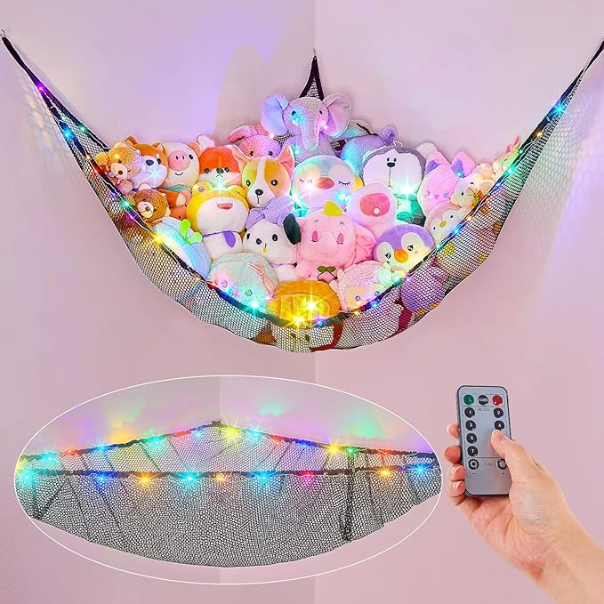 Basumee Stuffed Animals Net or Hammock with LED Light Hanging Toy Net Hammock for Stuffed Animals Storage Stuff Animals Hammocks for Nursery Room with Remote Control, 8 Kinds of Lights(Pack of 1)