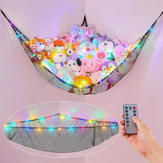 Basumee Stuffed Animals Net or Hammock with LED Light Hanging Toy Net Hammock for Stuffed Animals Storage Stuff Animals Hammocks for Nursery Room with Remote Control, 8 Kinds of Lights(Pack of 1)