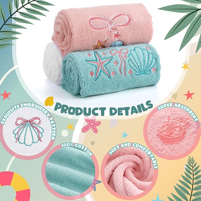 3 Pack Seashell Bow Coastal Hand Towels for Bathroom 100% Cotton Embroidered Beach Bathroom Towels 13.78 x 29.53 Inch Soft Absorbent, Green Pink White