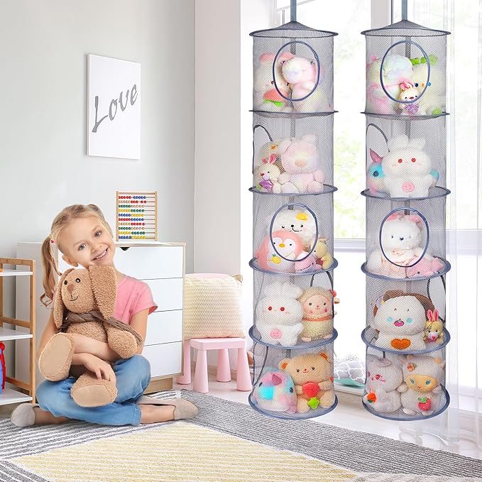 Basumee Stuffed Animals Net or Hammock 2 Pcs Stuffed Animals Storage Toy Net Hammock for Plushies Storage Organizer Mesh Girls Room Decor, Gray, 5 Tiers