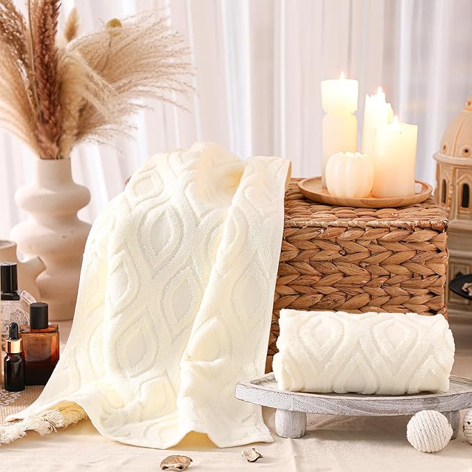 2 Pcs Quality Geometric Jacquard Hand Towels Set for Bathroom Cream White Hand Towels 100% Cotton Absorbent Decorative Weave Bath Decor Neutral Bathroom Decor Gift, 13.7 x 29.5 Inch