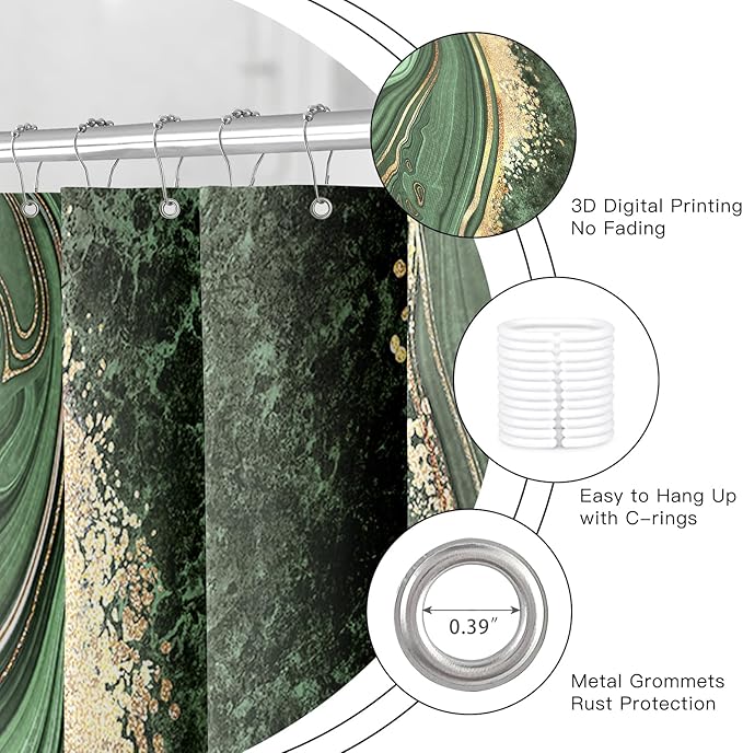 4PCS Sage Green Marble Bathroom Sets with Shower Curtain and Rugs, Abstract Gold Shower Curtain Sets with Rugs for Bathroom, Modern Bathroom Curtains Shower Set with Toilet Lid Cover