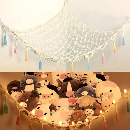 Stuffed Animal Net or Hammock with Light,Yewiwin Macrame Hanging Net Hammock for Stuffed Animal Toy Storage Organizer Boho Decor Room Holder for Nursery Play Room Bedroom (Beige(55"*55"*72"))