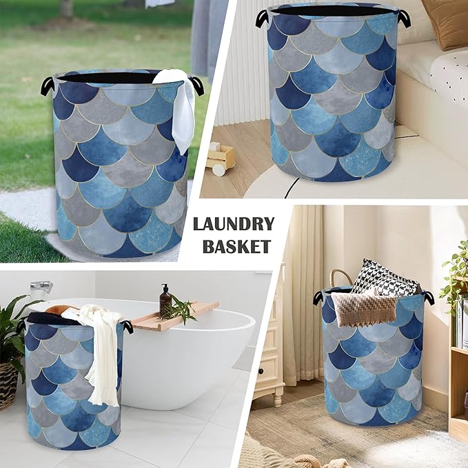 Mermaid Fish Laundry Hamper,Dirty Clothes Laundry Basket with Handles Waterproof Oxford Cloth Storage Basket for College Dorms Bathroom Bedroom 16" x 20.8"