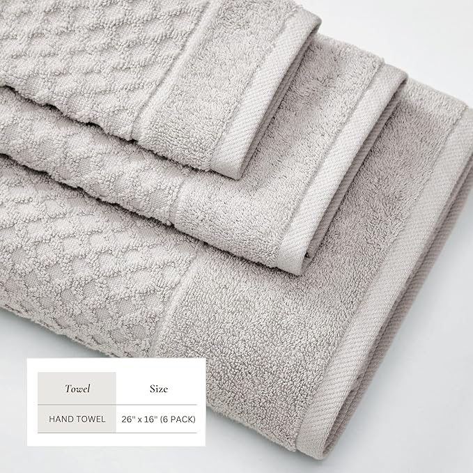 Great Bay Home Hand Towels - 100% Cotton 6 Pack 26x16 Hand Towel Set - Absorbent, Durable, Quick-Dry Towels for Bathroom (Light Gray)
