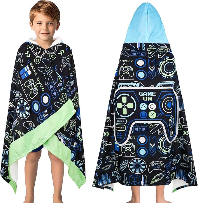 Hooded Towels for Kids Game 60" x 35" Toddler Bath Beach Towel Poncho with Hood Super Soft and Absorbent 100% Microfiber for Boys Ages 5-12
