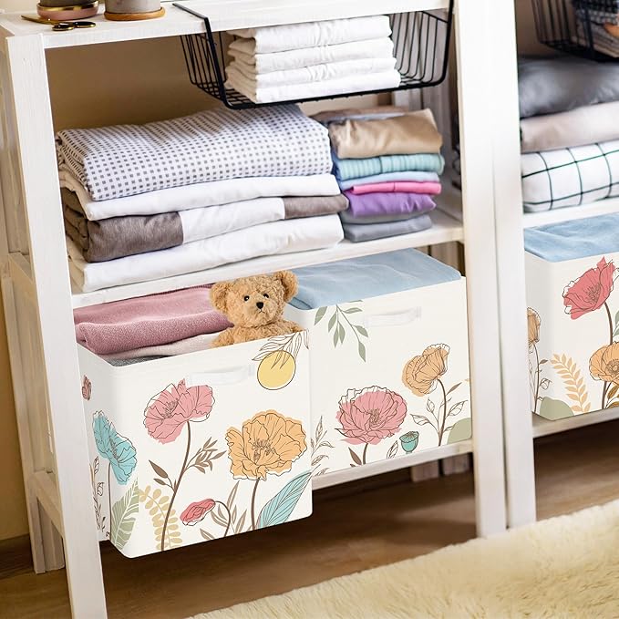 11.8" Wild Flower Storage Cube Organizer Set 3Pcs Clothes Storage Basket Bin for Closet Shelf Garden Butterfly Nursery Kid Room Book Toy Chest, Boho Leaf