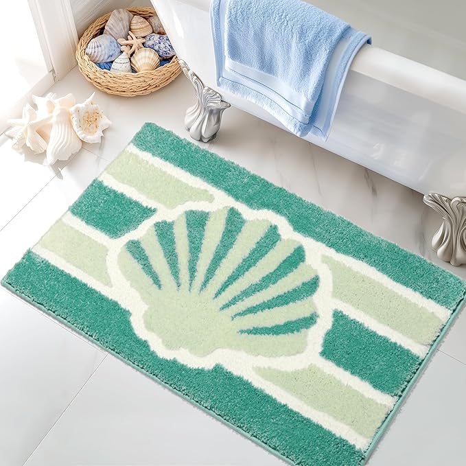 Green Beach Bathroom Rugs Non Slip Washable Cute Coastal Bath Mats Rugs for Bathroom Floor Nautical Fluffy Plush Soft Absorbent Farmhouse Carpet for Shower, Tub, 20x32 inch
