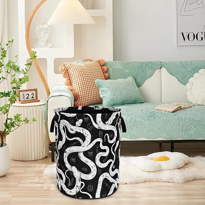 Snake Crawling Laundry Basket Black White Snakes Oxford Cloth Laundry Hamper Funny With Handle Foldable Portable Clothes Storage Basket 18.9 X 16.5 Inch Storage Bag For Laundry Room/Bathroom/Bedroom